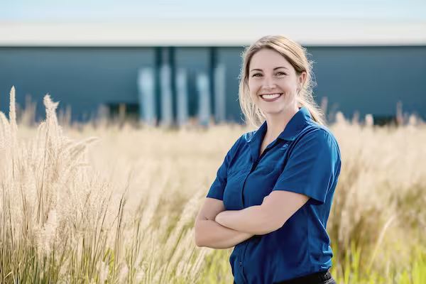 Eine lächelnde Frau in einem blauen Hemd steht an einem sonnigen Tag mit verschränkten Armen in einem Feld mit hohem Gras und fängt eine entspannte Businessreportage-Atmosphäre mit einem modernen Gebäude im Hintergrund ein. Fotoherold - Fotografenteam Mannheim-Heidelberg