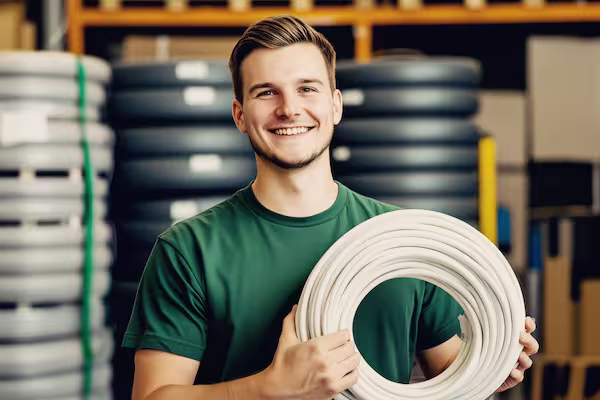 Ein lächelnder junger Mann in einem grünen T-Shirt hält ein aufgerolltes weißes Kabel in der Hand. Er steht in einem Lagerhaus, dessen Regale mit Reifen und Kisten gefüllt sind, und fängt einen ehrlichen Moment der Geschäftsreportage ein. Fotoherold - Fotografenteam Mannheim-Heidelberg