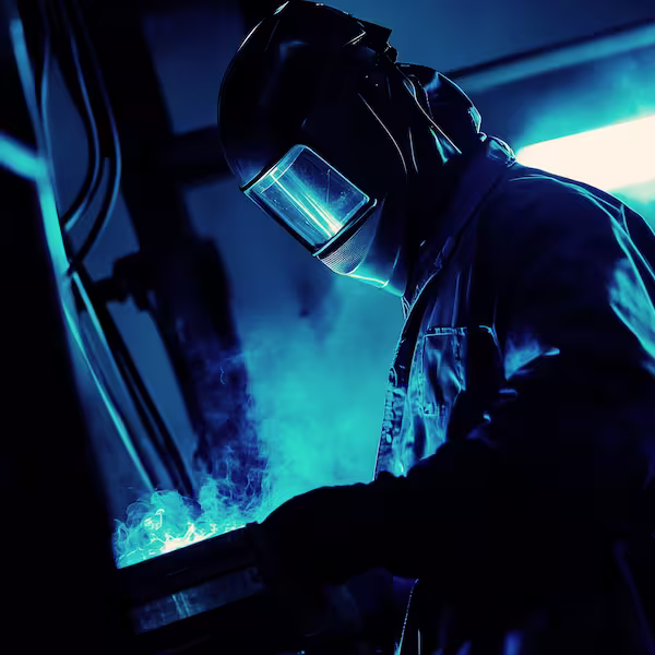 Eine Person, die einen Schweißerschutzhelm und -anzug trägt, arbeitet mit hellem blauen Licht und Rauch, der die Industrieszene erhellt, und fängt einen echten Moment der Geschäftsreportage ein. Fotoherold - Fotografenteam Mannheim-Heidelberg